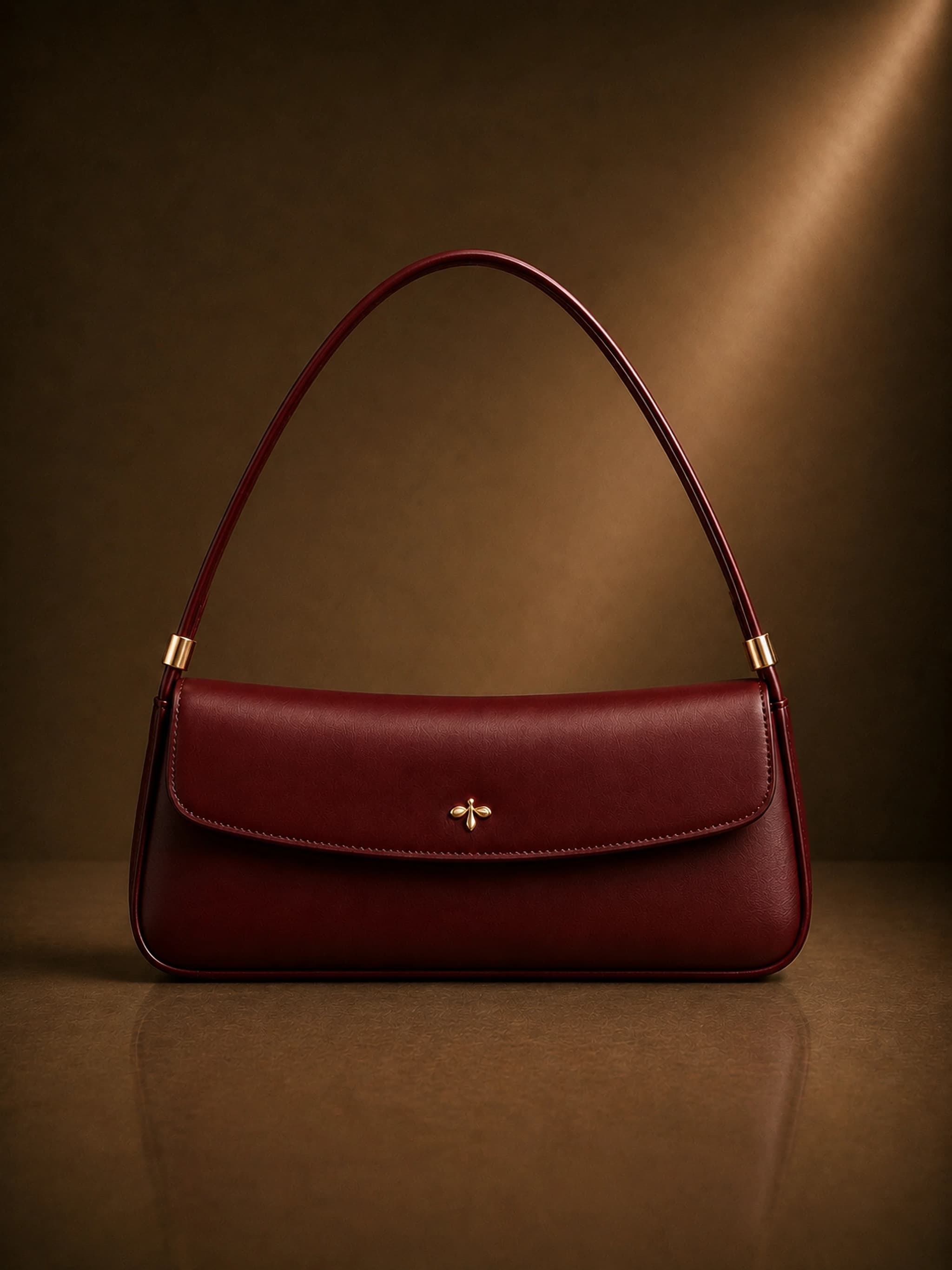 Baguette Eden Collection in materia vegetale d’arancia nel colore bordeaux, con emblema a foglia di fico in oro