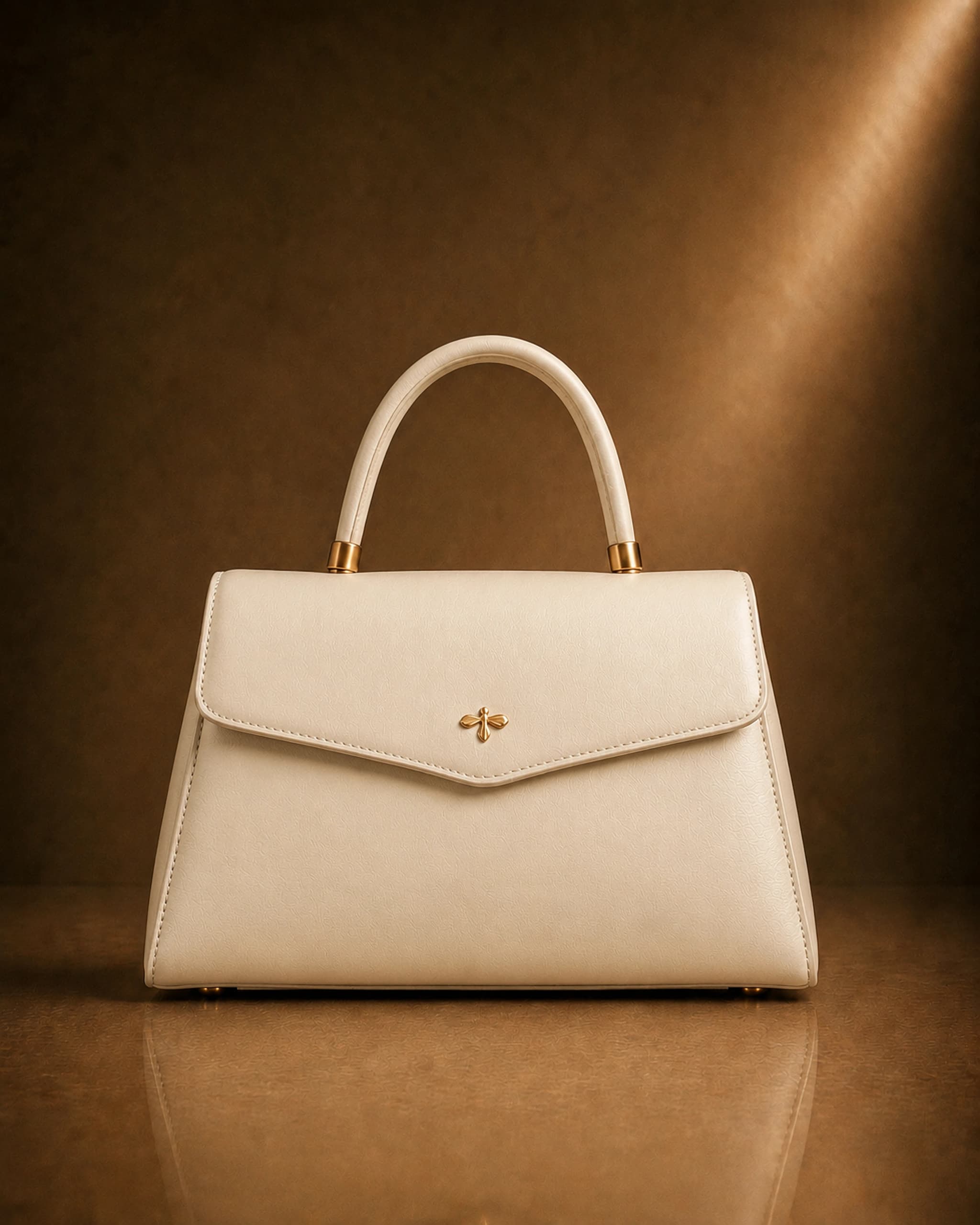 Bauletto Eden Collection in materia vegetale d’arancia nel colore avorio, con emblema a foglia di fico in oro