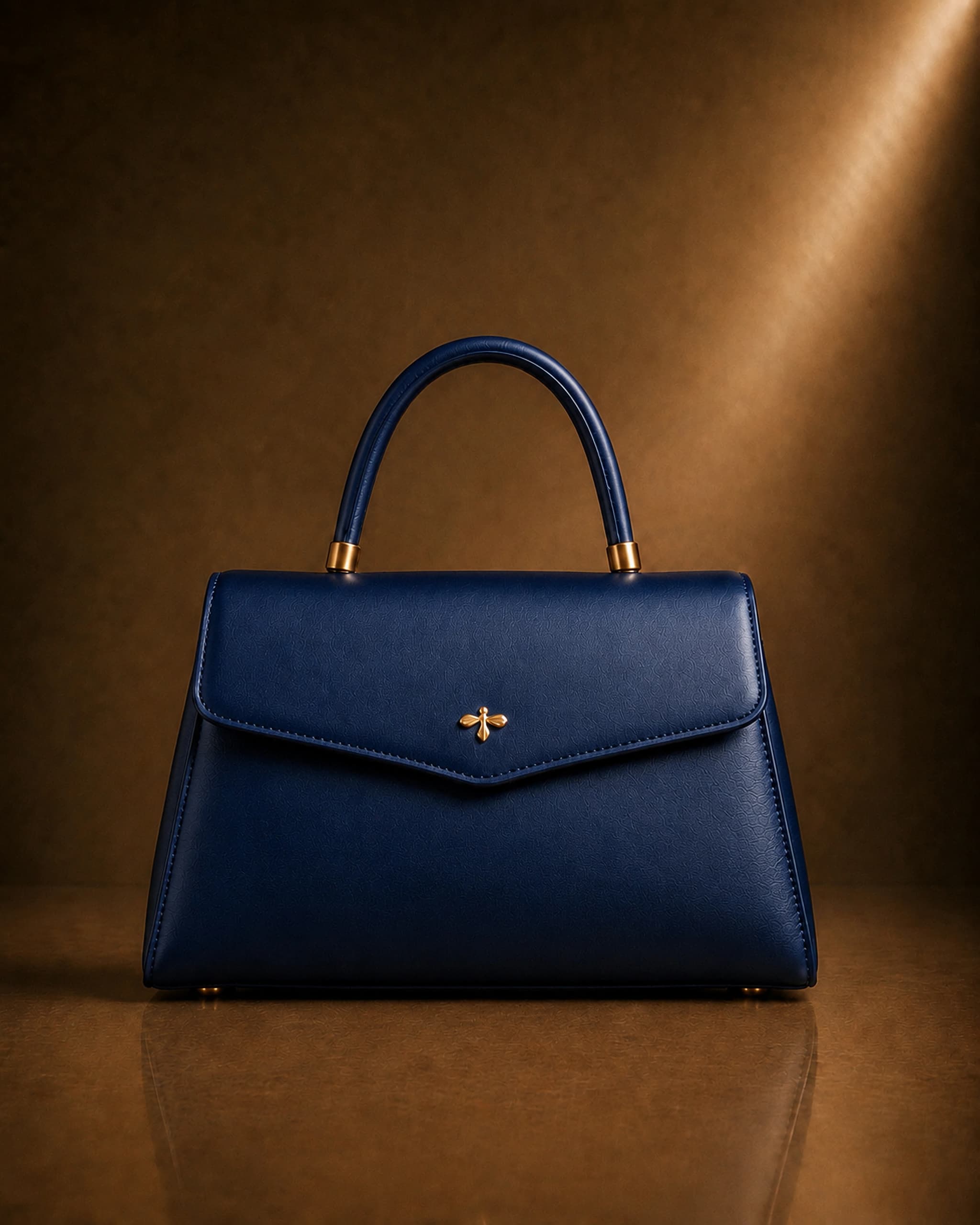 Bauletto Eden Collection in materia vegetale d’arancia nel colore blu navy, con emblema a foglia di fico in oro
