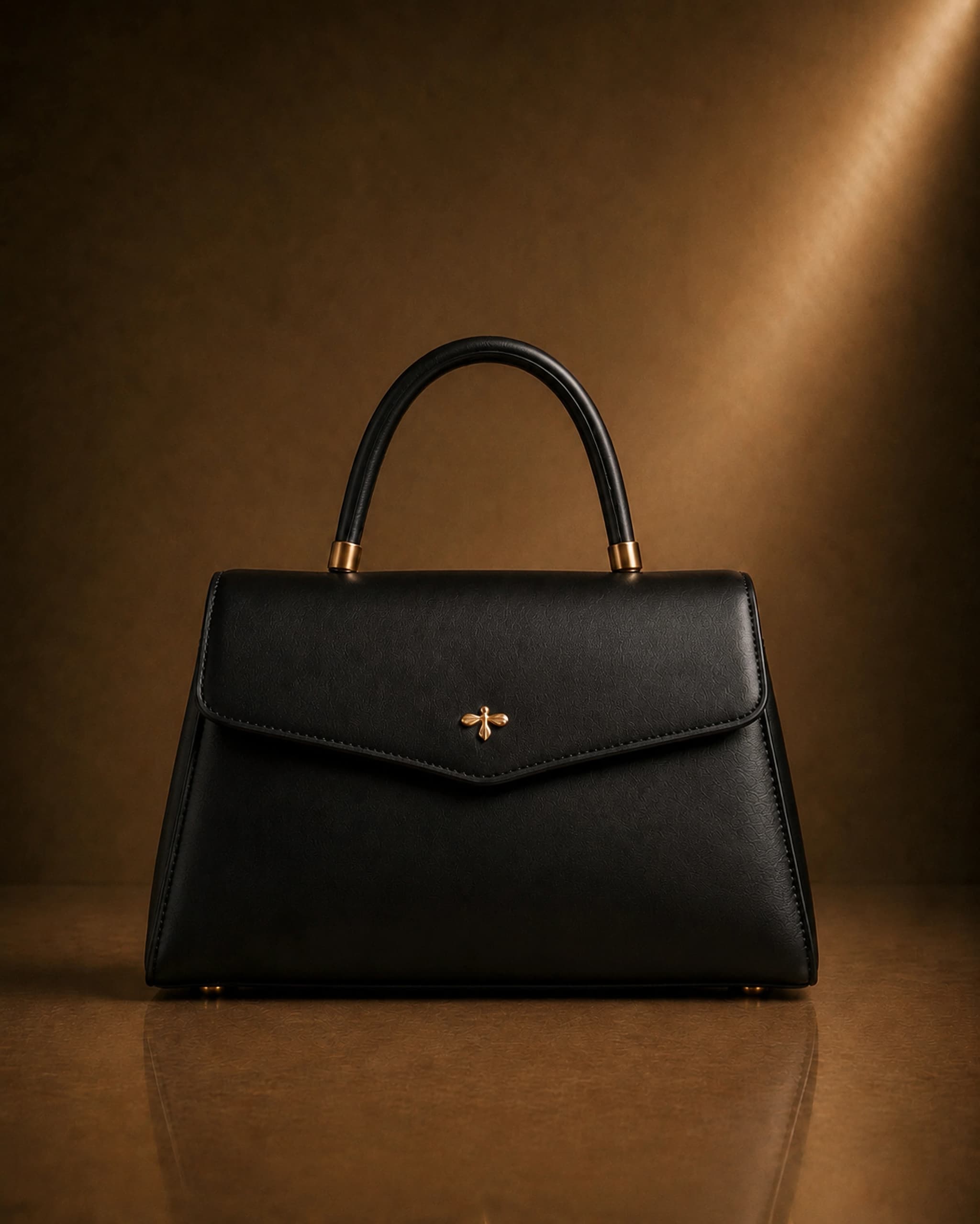 Bauletto Eden Collection in materia vegetale d’arancia nel colore nero, con emblema a foglia di fico in oro