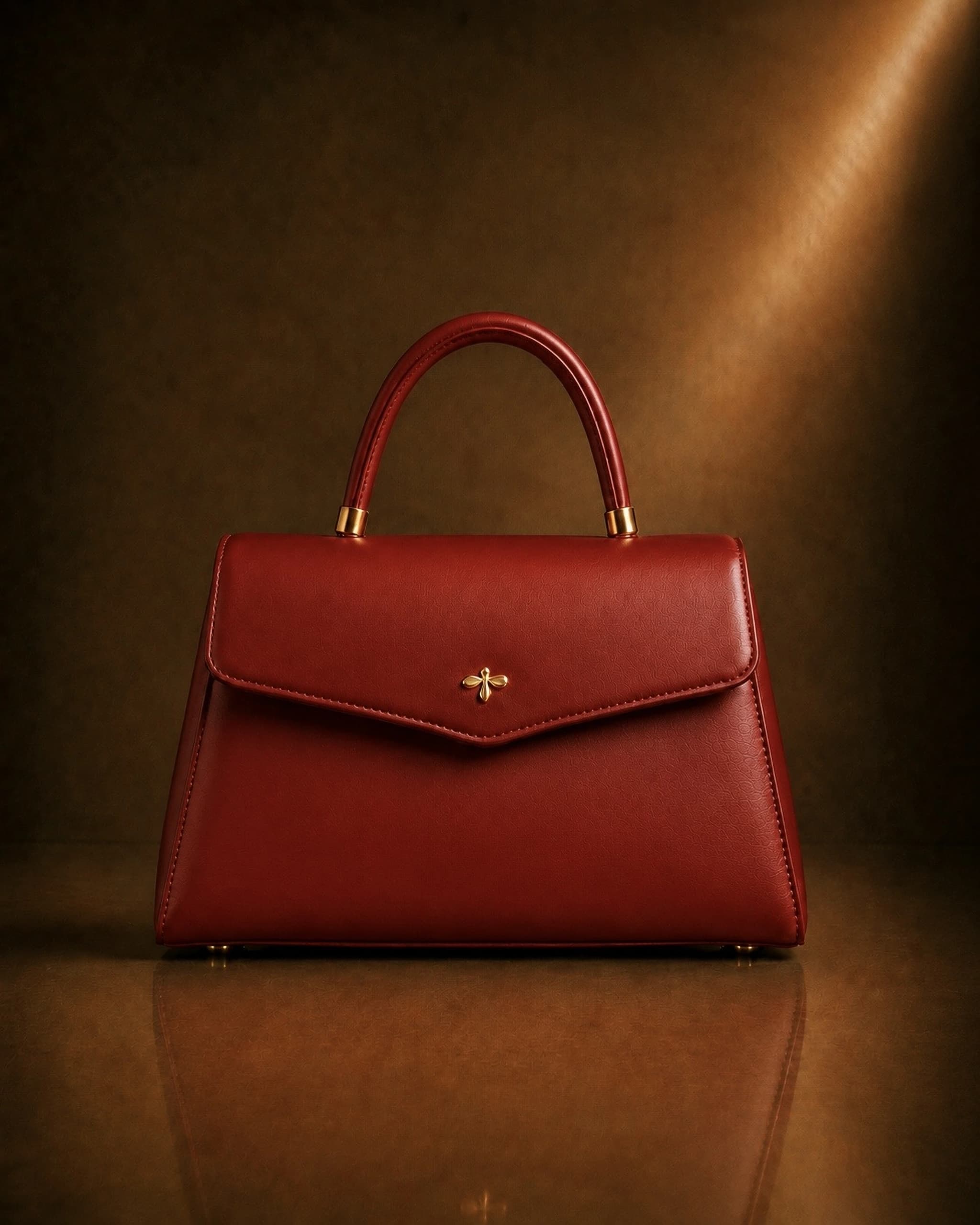 Bauletto Eden Collection in materia vegetale d’arancia nel colore rossa, con emblema a foglia di fico in oro