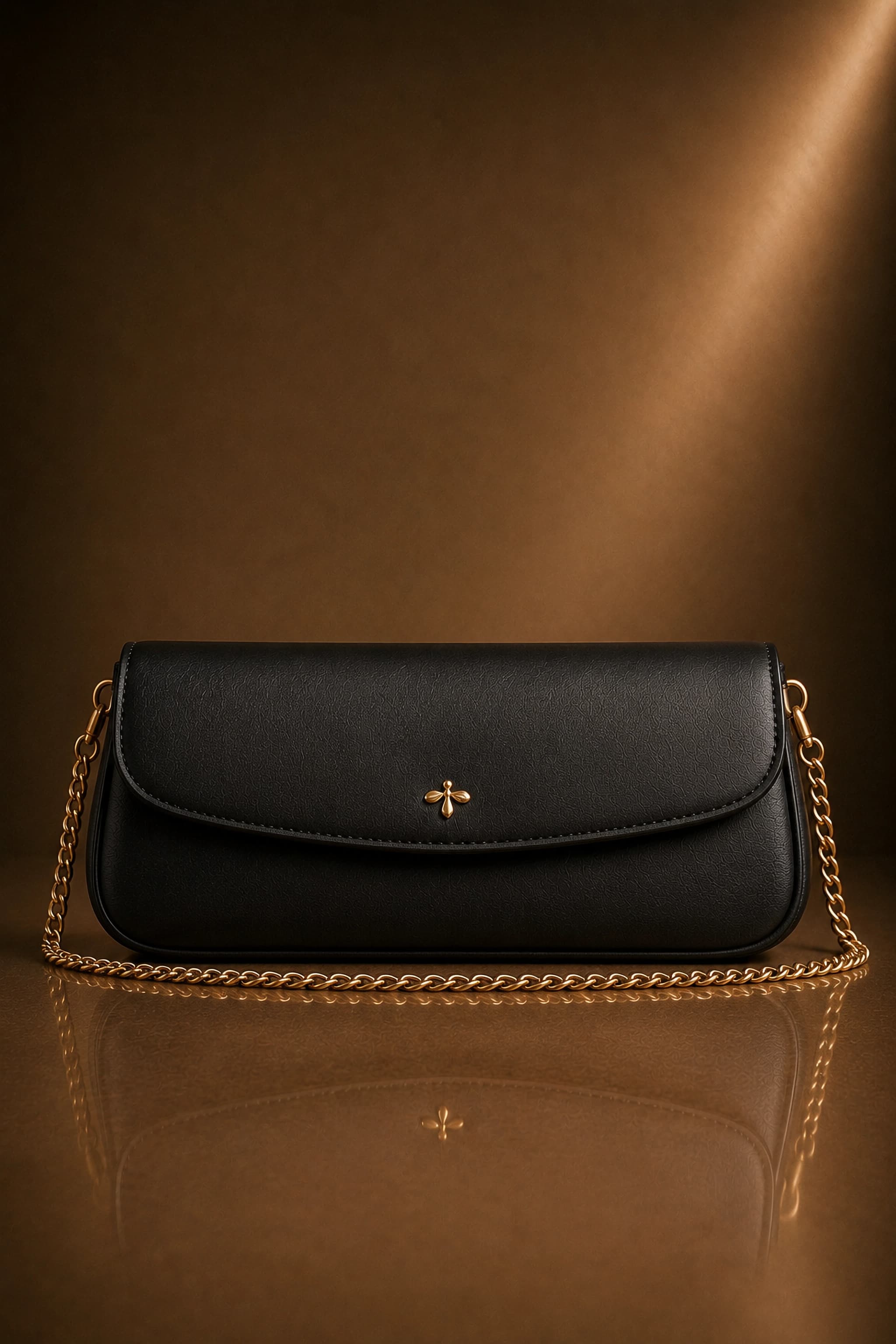 Pochette Eden Collection in materia vegetale d’arancia nel colore nero, con emblema a foglia di fico in oro