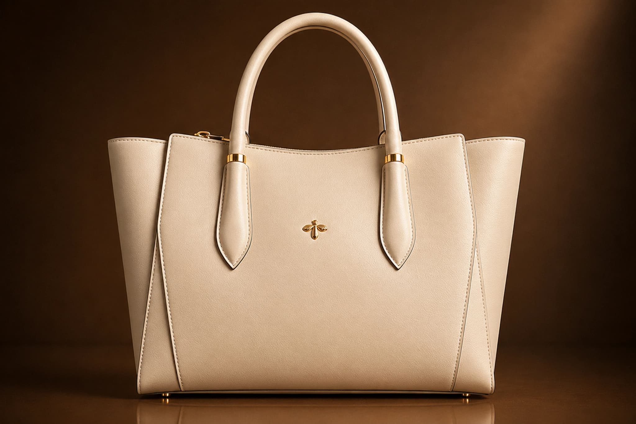 Tote Eden Collection in materia vegetale d’arancia nel colore avorio, con emblema a foglia di fico in oro