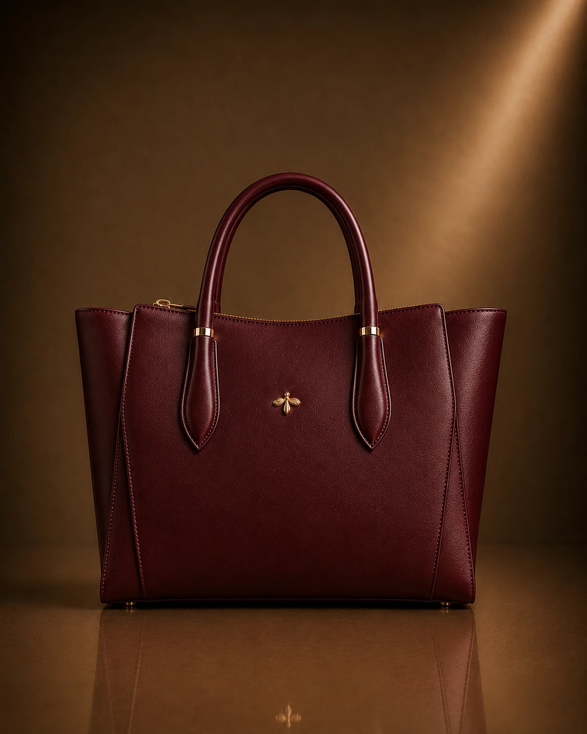 Tote Eden Collection in materia vegetale d’arancia nel colore bordeaux, con emblema a foglia di fico in oro