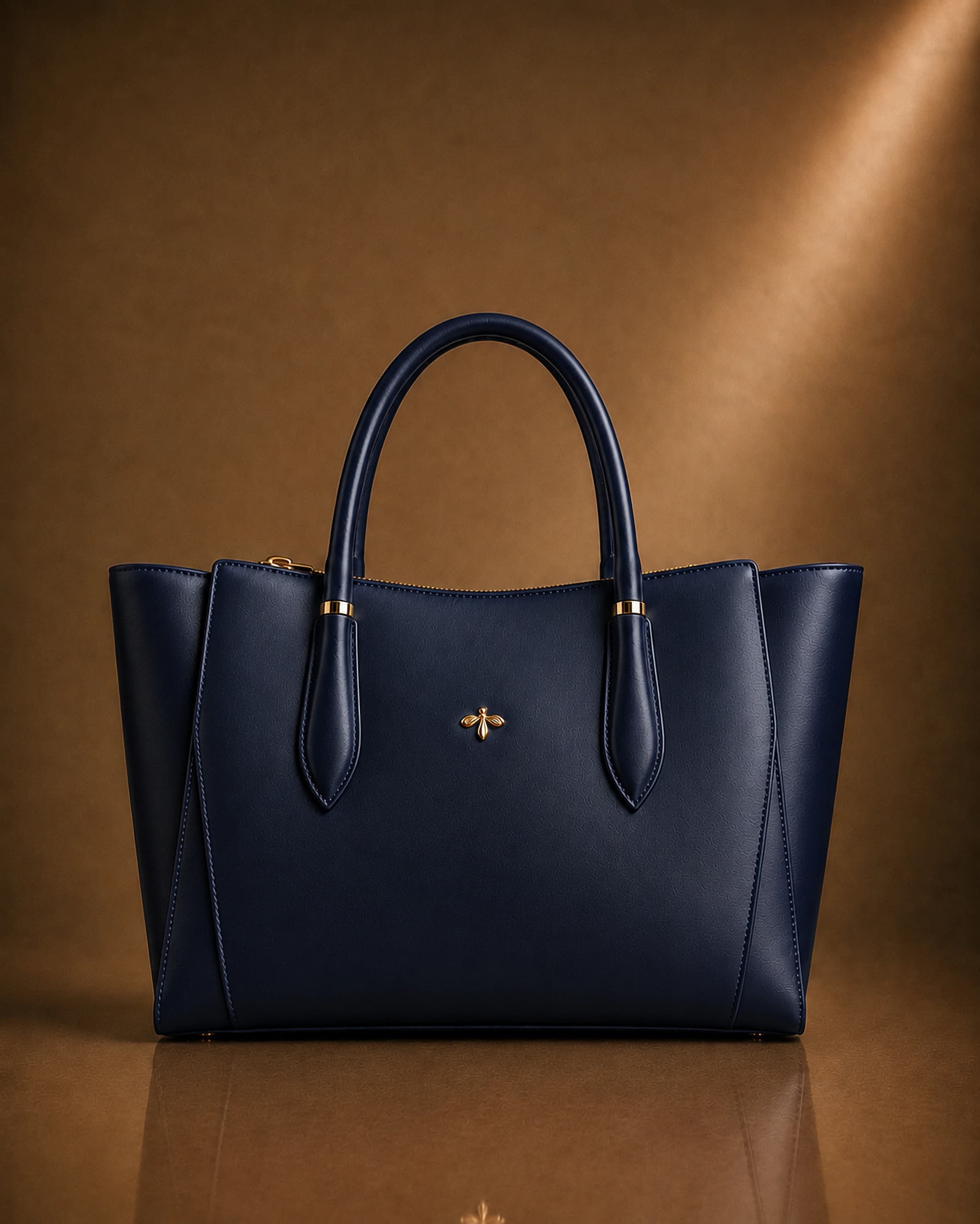 Tote Eden Collection in materia vegetale d’arancia nel colore blu navy, con emblema a foglia di fico in oro