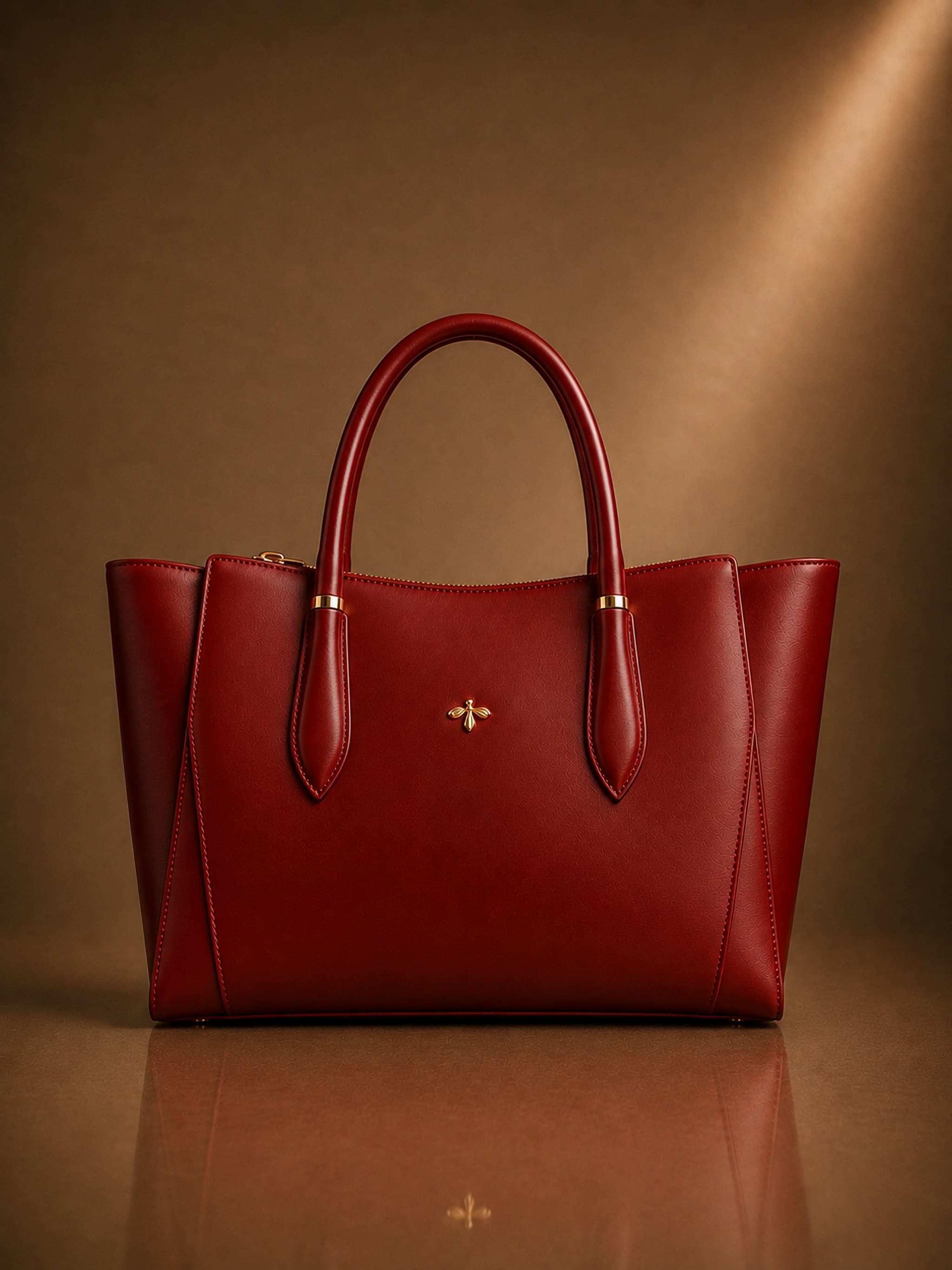 Tote Eden Collection in materia vegetale d’arancia nel colore rosso, con emblema a foglia di fico in oro