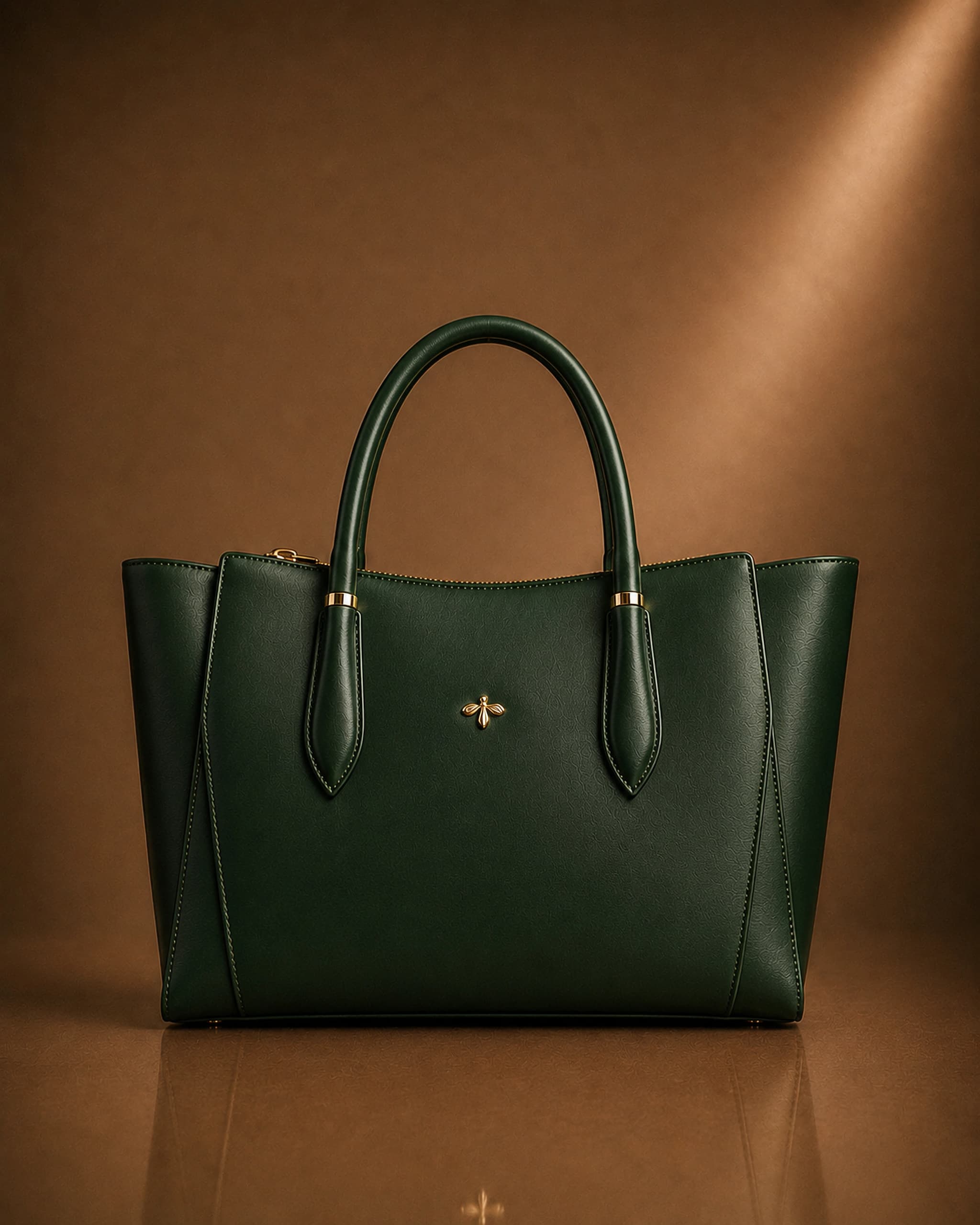 Tote Eden Collection in materia vegetale d’arancia nel colore verde bosco, con emblema a foglia di fico in oro