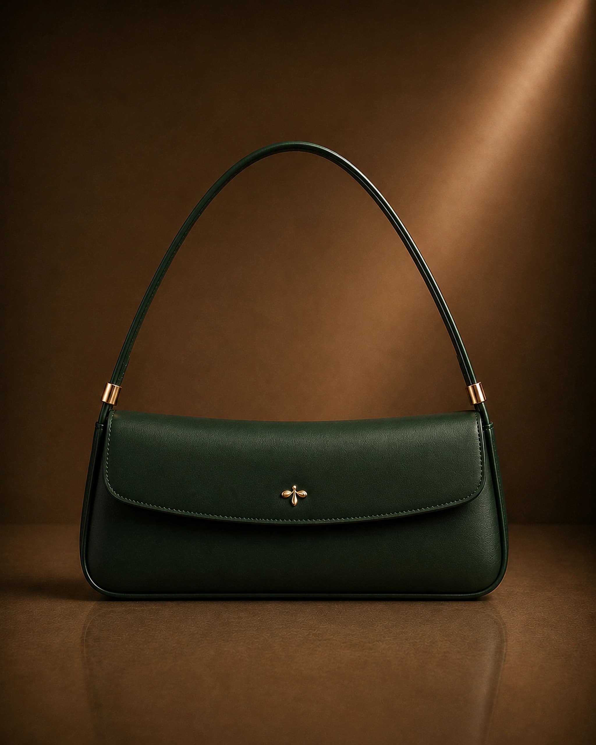 Baguette Eden Collection in materia vegetale d’arancia nel colore verde bosco, con emblema a foglia di fico in oro